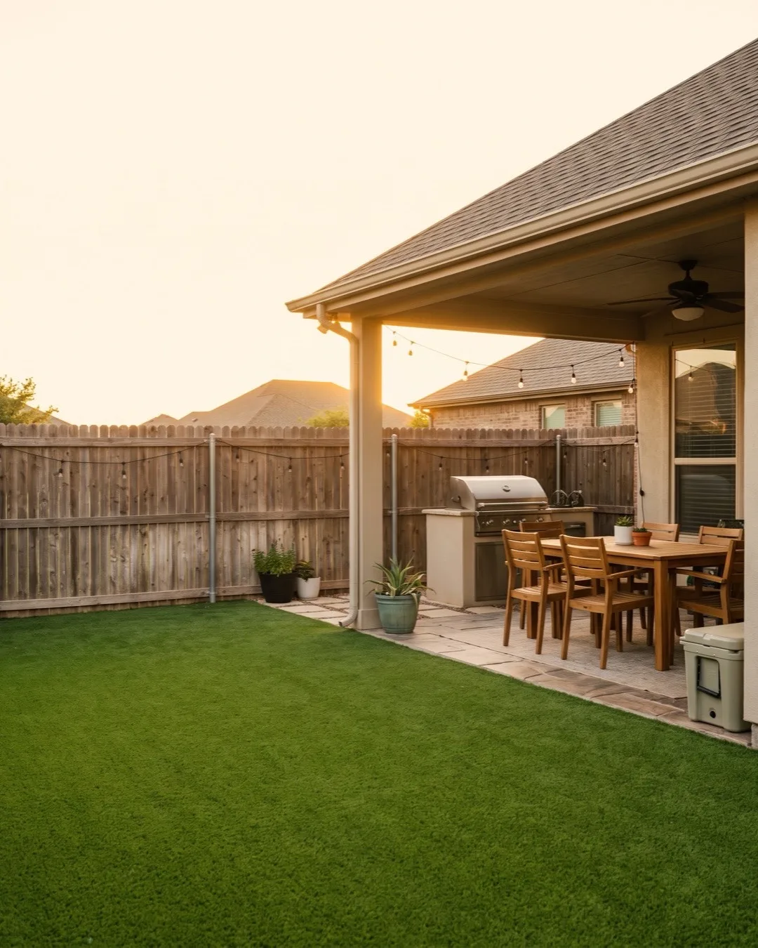 Back yard artificial turf lawn next to a covered patio