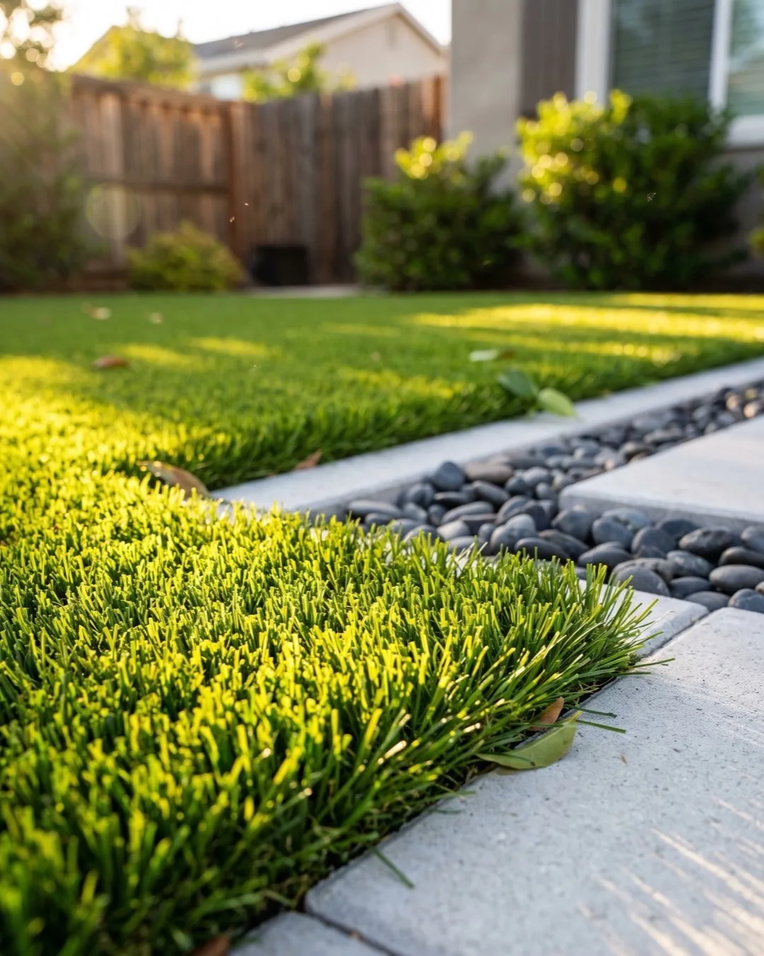 Close-up of artificial turf blades and infill at a paver border