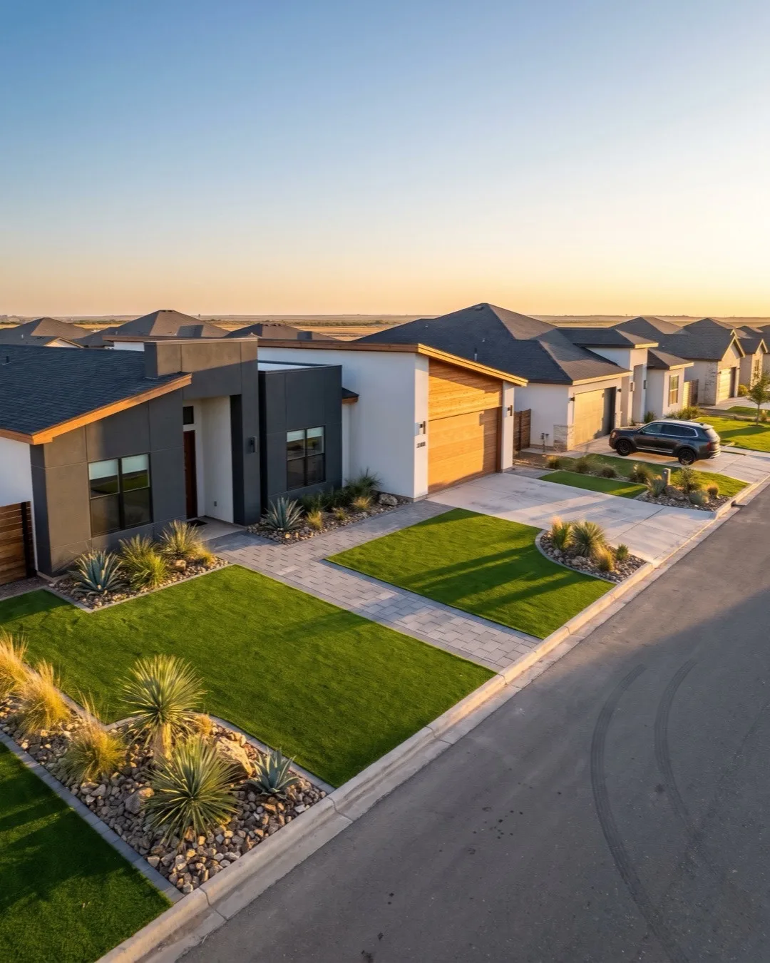 Artificial turf front lawns on a street of new homes in Lubbock, TX