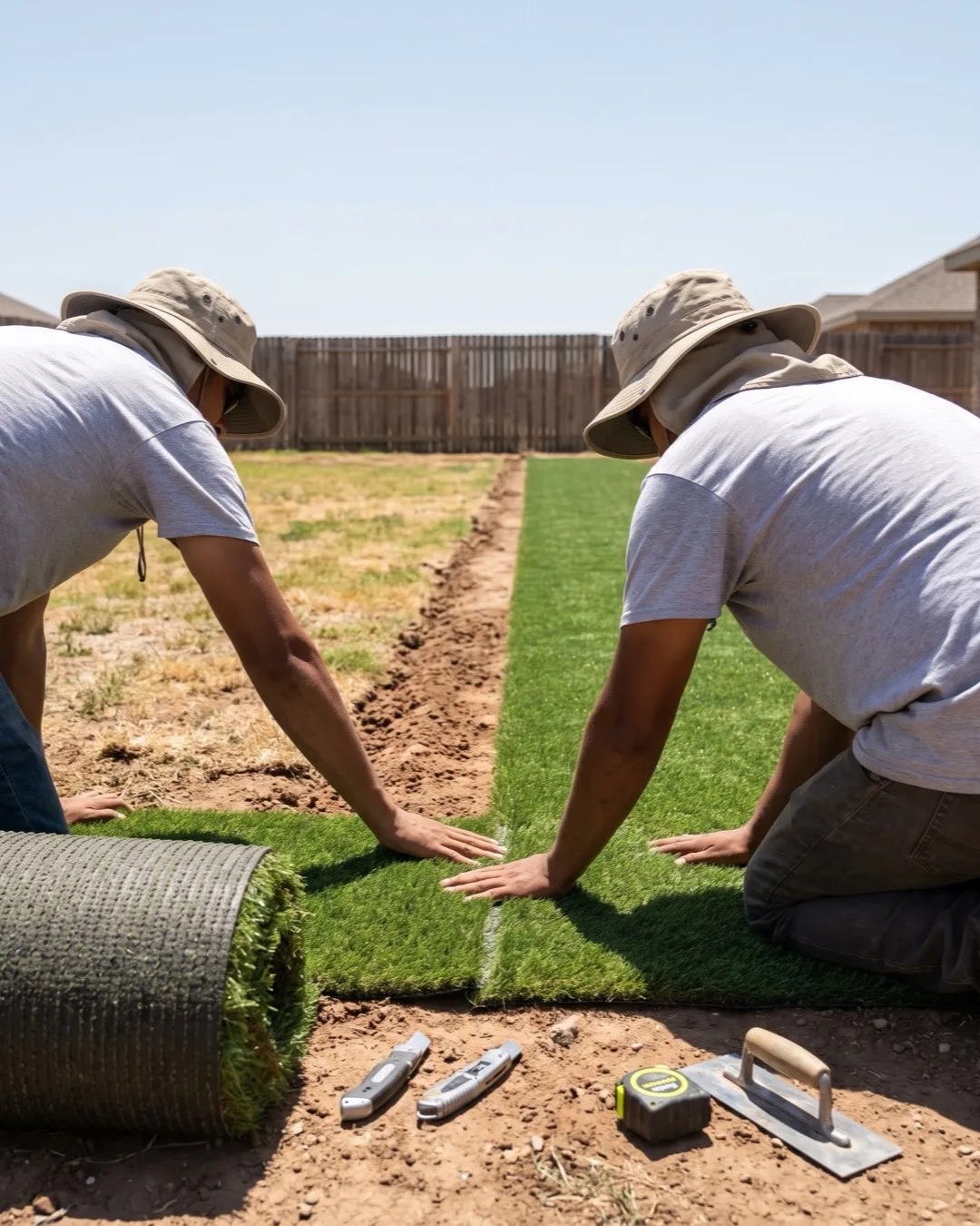 Installers seaming two rolls of artificial turf together