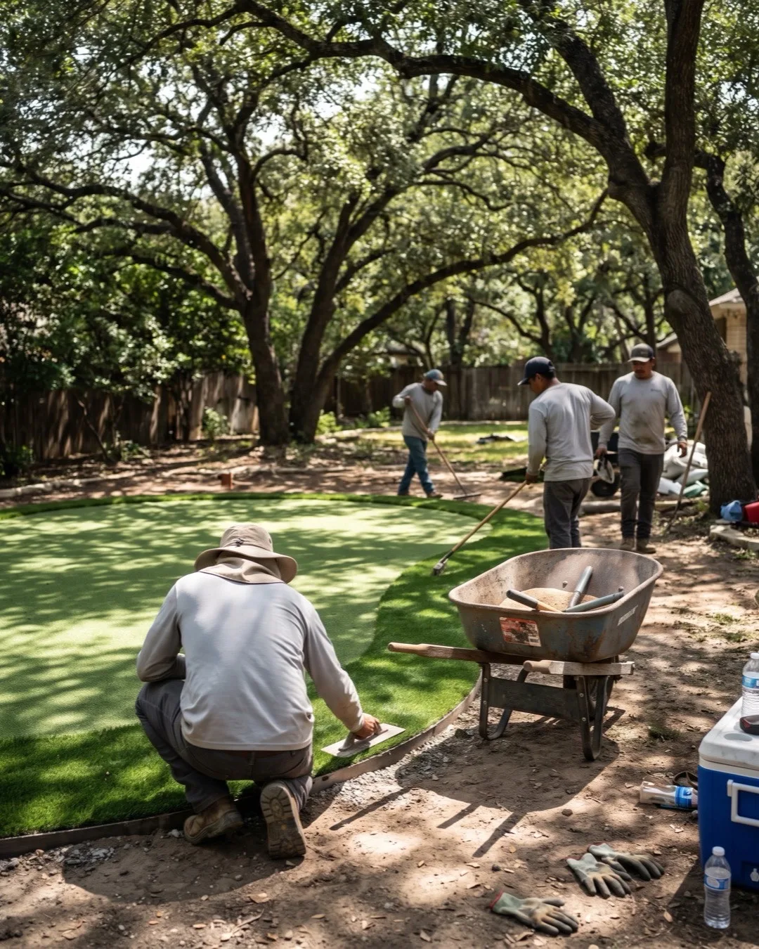 Crew installing a backyard artificial putting green under shade trees