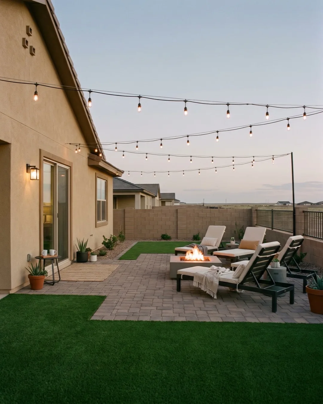 Evening patio with fire pit on artificial turf