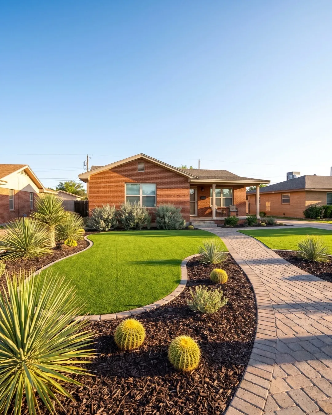 Front garden with turf and planting beds