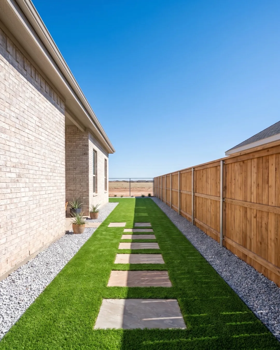 Side yard dog run in artificial turf with stepping stones and gravel borders
