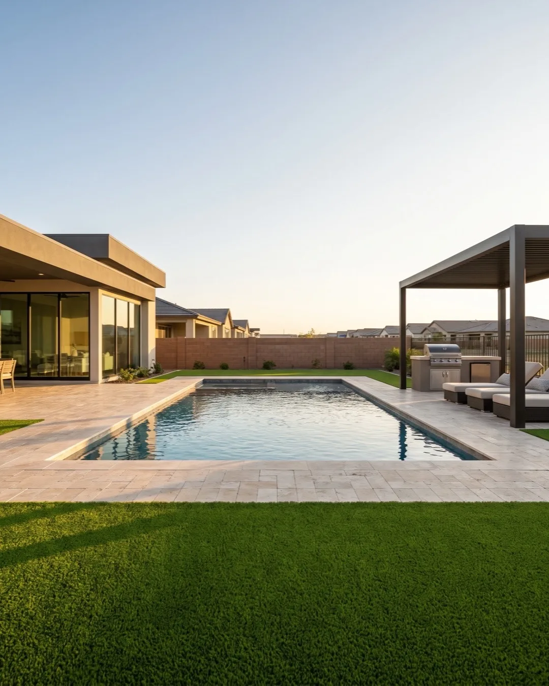 Artificial turf running up to the coping around a backyard pool