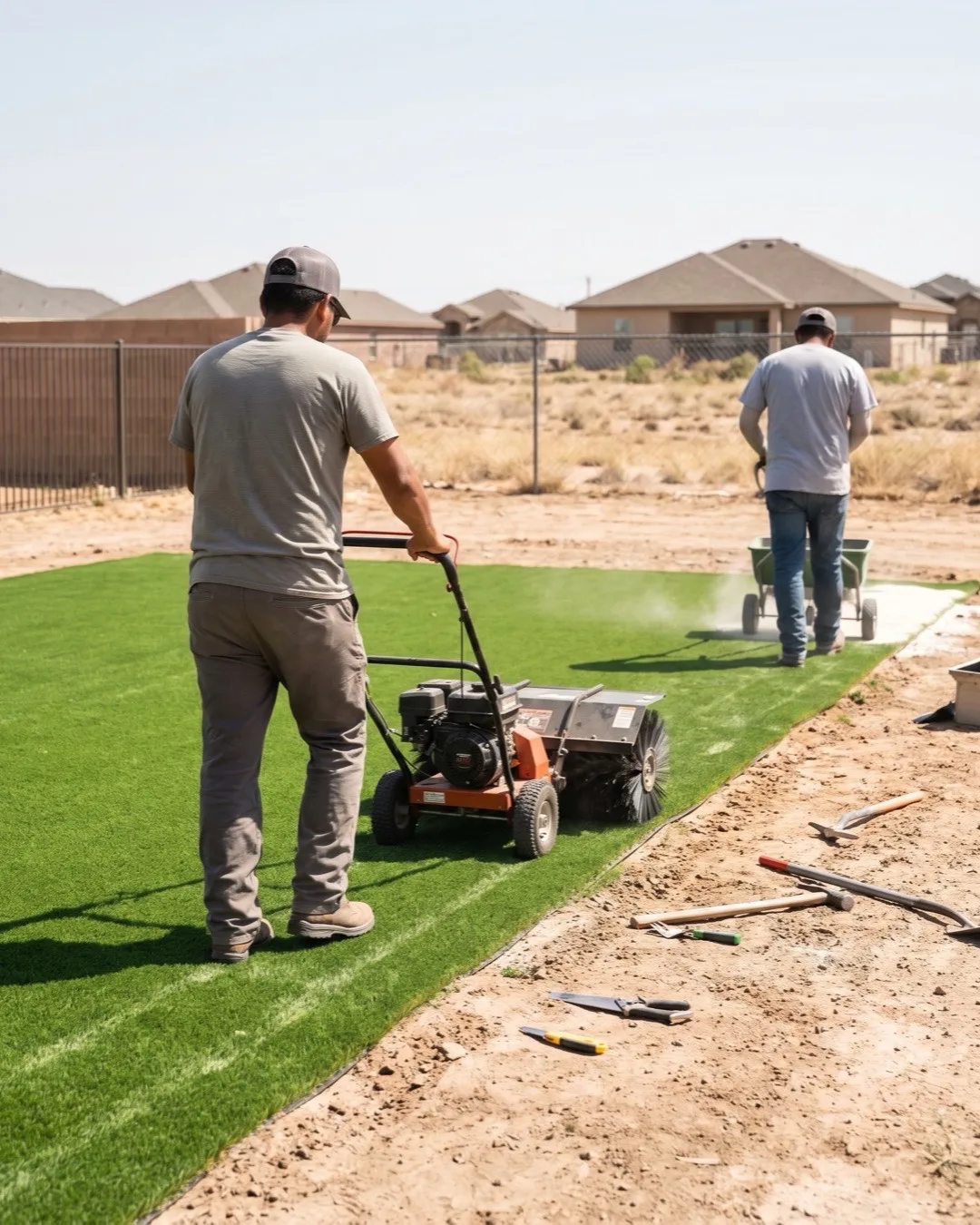 Installer power brooming infill into artificial turf